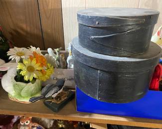 Early seed boxes, original powder blue under one coat modern paint