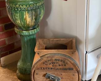 Good pottery jard and pedestal, country butter churn