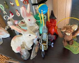 Antique Papier Mache, candy containers, tin wind up and wax