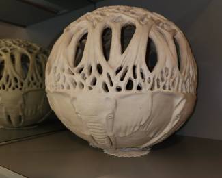 about 18" tall, heavy alabaster? elephant carved ball with carved elephants inside