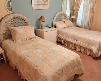 pair single bed with wicker headboards