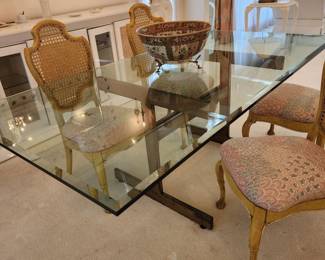 glass top/metal base dining table, 6 chairs