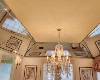 hardwired chandelier.  CANNOT BE REMOVED UNTIL AFTER THE SALE. YOU SUPPLY TOOLS, LADDER, ELECTRICIAN TO REMOVE.  Ceiling mirrors also for sale