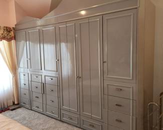 AVAILABLE FOR PRE-SALE: Large wall unit, (10' long x 12' tall approx). Has 2 matching side cabinets, each w a combination locking drawer. Buyer responsible for removing from wall and loading. $1,000.00 for all 4 pieces OR best reasonable offer