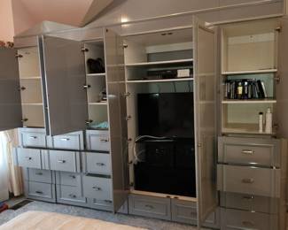 AVAILABLE FOR PRE-SALE: Large wall unit, (10' long x 12' tall approx). Has 2 matching side cabinets, each w a combination locking drawer. Buyer responsible for removing from wall and loading. $1,000.00 for all 4 pieces OR best reasonable offer