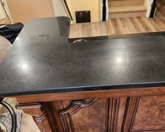 "marble" top dry bar with 2 stools