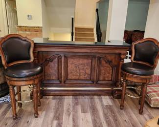 "marble" top dry bar with 2 stools