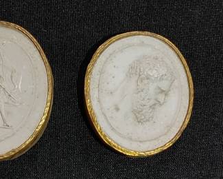 Antique White Plaster Relief Cameo Male Man's Head Profile Gold Tone Outline Oval about as wide as a quarter