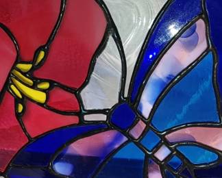 Round glass butterfly and flower stained glass window hanger