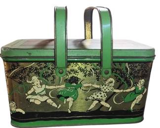 Fantastic antique lunch pail with vent holes little girls holding hands and playing
