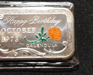 HAPPY BIRTHDAY OCTOBER 1973  SILVER BAR .999 ONE OUNCE "  A CEECO BAR "