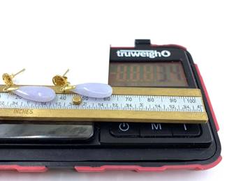 These 14K solid yellow gold earrings with natural purple jade gemstones are on sale for $204. The size and weight in grams is shown on the picture. Please call or text 703-895-9344 to buy or for questions.