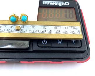 These 14K solid yellow gold earrings with natural turquoise gemstones are on sale for $108. The size and weight in grams is shown on the picture. Please call or text 703-895-9344 to buy or for questions.