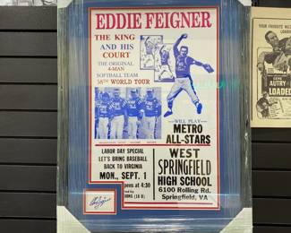 This signed and framed softball memorabilia featuring Eddie Feigner and The King And His Court the original 4 man softball team on their 58th world tour is on sale. Please call or text 703-895-9344 to buy or for questions.
