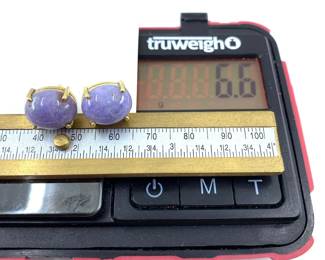 These 14K solid yellow gold earrings with natural purple jade gemstones are on sale for $396. The size and weight in grams is shown on the picture. Please call or text 703-895-9344 to buy or for questions.