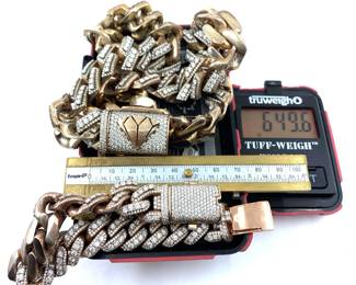 This solid sterling silver necklace and bracelet plated with yellow gold with mosenite gemstones is on sale for $1100. The size and weight in grams is shown on the picture. Please call or text 703-895-9344 to buy or for questions.