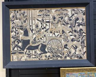 This tribal style art featuring a horse drawn chariot surrounded by people is on sale. Please call or text 703-895-9344 to buy or for questions.