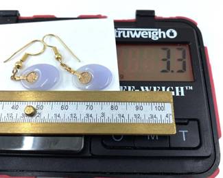These 14K solid yellow gold earrings with purple jade gemstones are on sale for $198. The size and weight in grams is shown on the picture. Please call or text 703-895-9344 to buy or for questions.