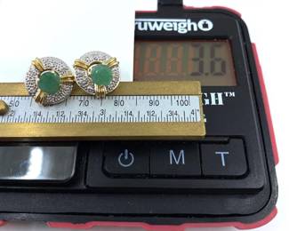 These 14K solid yellow gold earrings with natural diamonds and emeralds are on sale for $216. The size and weight in grams is shown on the picture. Please call or text 703-895-9344 to buy or for questions.