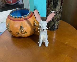 Bluebonnet painted gourd by Blanche Cavaretta, Rabbit by David Alvarez