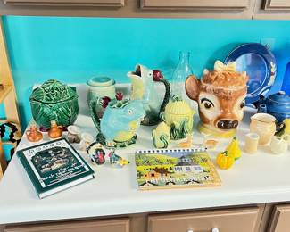 McCoy cabbage jar, Metlox mooing Buelah cookie jar, Fredericksburg cookbooks