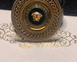 Versace Belt black leather, has vintage wear and rubs. 