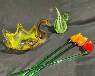 Hand Blown Glass Art. Including Swan CatchAll, Bouquet,  Pitcher