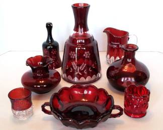 Collection of Ruby Red Glass Cut To Clear Etched