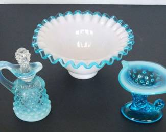 Fenton Aqua Blue Hobnail Cruette, Cornucopia Fluted Candy Dish
