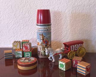 Vintage Roy Rogers Thermos, CastIron Horse With Cart Wood Blocks