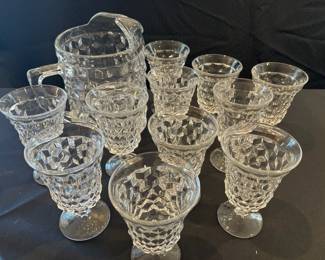 Vintage Glass Pitcher W 11 Glasses