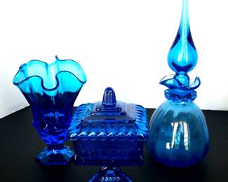 Gorgeous Cobalt Decanter, Vase and Footed Candy Dish