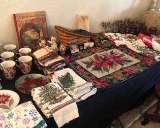 Christmas Decor, Spode Napkins, Longaberger Sleigh, Vintage Porcelain Figures