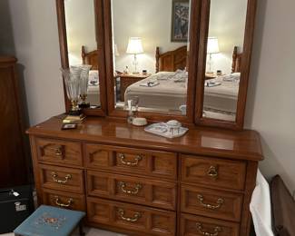 Thomasville Low Dresser with Mirror, Needlepoint Footstool