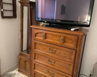 Thomasville Dresser, Panasonic TV, Curio Cabinet, Wall Shelf