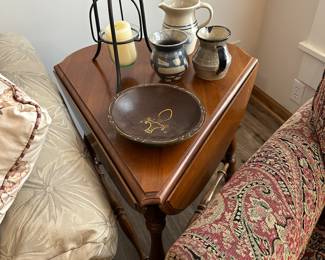 Vintage corner table, and pottery 