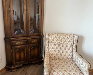 Vintage arm chair and corner hutch