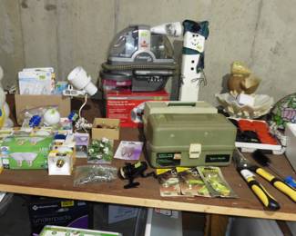 Spot Bot Cleaner, Vintage Blow Globe Easter Bunny, Light Bulbs, Stained Glass Hanging Lamp. Tackle Box and Lures.