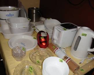 CorningWare, Toaster, Electric Tea Pot, Ice Bucket, Corelle  Dishes and Glassware.