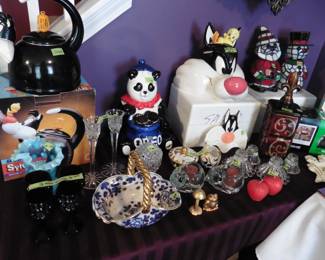 Warner Brothers Tea Pot, Cookie Jar. Stained Glass Santa & Snowman. Candle Holder, Italian Pottery, etc.