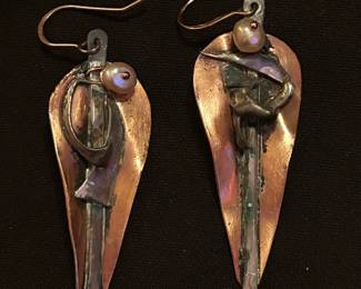 Copper Feather Earrings With Pearl Addition, Handmade