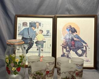 Normal Rockwell Prints, Currier Ives Glassware, Strawberry Jar