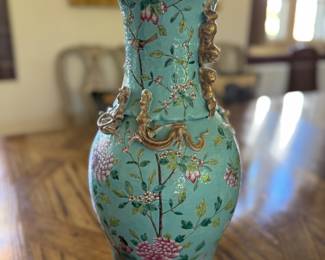 Pair of Chinese Turquoise Bird & Floral Motif Vases with Raise Gilt Ornamentation. Each Measures 18" H. Photo 2 of 5.