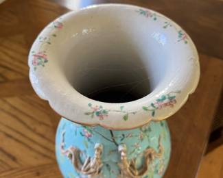 Pair of Chinese Turquoise Bird & Floral Motif Vases with Raise Gilt Ornamentation. Each Measures 18" H. Photo 4 of 5.