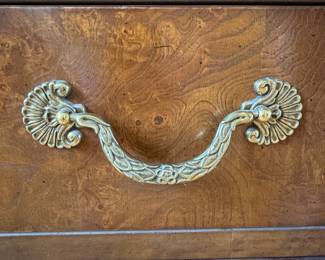 Pair of Henredon Charles X Burl Elm Three Drawer Granite Top Side Table / Buffet / Console / Bedside Tables. Each Measures 44" W x 19" D x 34" H. Photo 2 of 3.