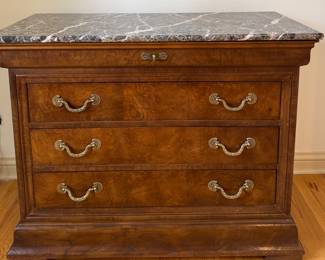 Pair of Henredon Charles X Burl Elm Three Drawer Granite Top Side Table / Buffet / Console / Bedside Tables. Each Measures 44" W x 19" D x 34" H. Photo 1 of 3.