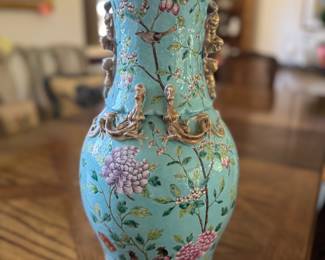 Pair of Chinese Turquoise Bird & Floral Motif Vases with Raise Gilt Ornamentation. Each Measures 18" H. Photo 1 of 5.