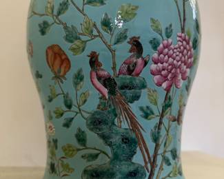 Pair of Chinese Turquoise Bird & Floral Motif Vases with Raise Gilt Ornamentation. Each Measures 18" H. Photo 3 of 5.