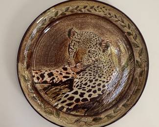 Glazed Ceramic Cheetah Decorative Wall Art / Large Platter. Measures 24" D.