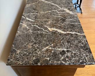 Pair of Henredon Charles X Burl Elm Three Drawer Granite Top Side Table / Buffet / Console / Bedside Tables. Each Measures 44" W x 19" D x 34" H. Photo 3 of 3.